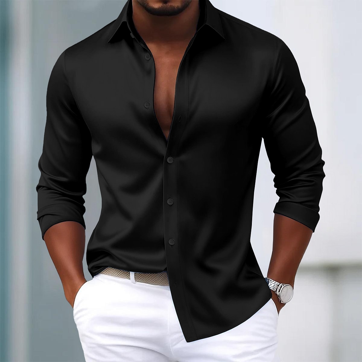 Men's Shirt Satin Shirt Dress Shirt Casual Shirt Button Up Shirt Prom Shirt Plain Formal Wedding Light Blue Black White Wine Long Sleeve Lapel All Seasons Clothing Apparel