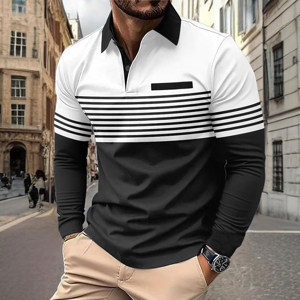 Men's Horizontal Stripes Polo Long Sleeve Polo Shirts Collared Shirts Business Casual Business Athleisure Daily Wear Pocket 3D Print Buttons Spring Fall Winter Dark Brown Black Navy Blue