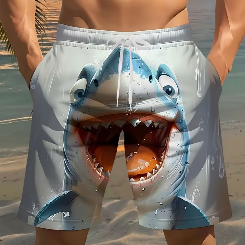 Men's Animal Cartoon Shark Swim Trunks Swim Shorts Board Shorts Mid Waist Funny Beach Vacation Wear Side Pockets Mesh Lining Elastic Drawstring Waist Designer Clothing Apparel