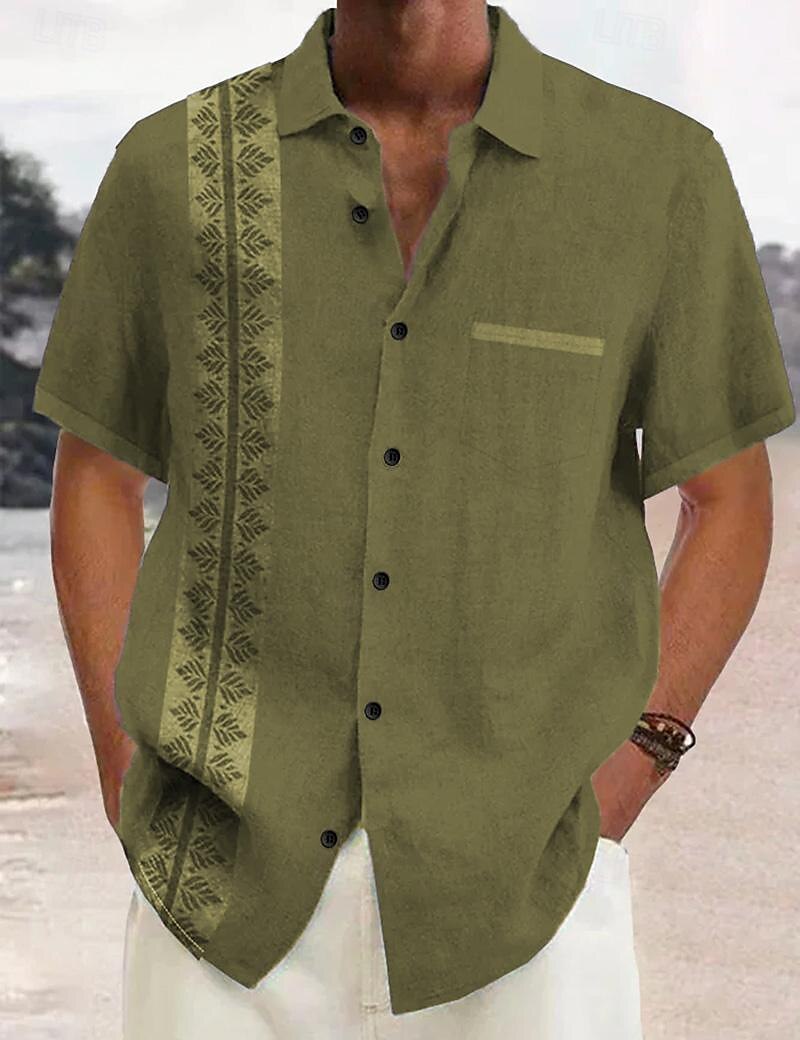 Men's Button Up Shirt Casual Shirt Summer Shirt Beach Shirt Leaf Graphic Prints Lapel Red Blue Green Dark Gray Casual Daily Short Sleeve Print Front Pocket Clothing Apparel Cotton And Linen Fashion
