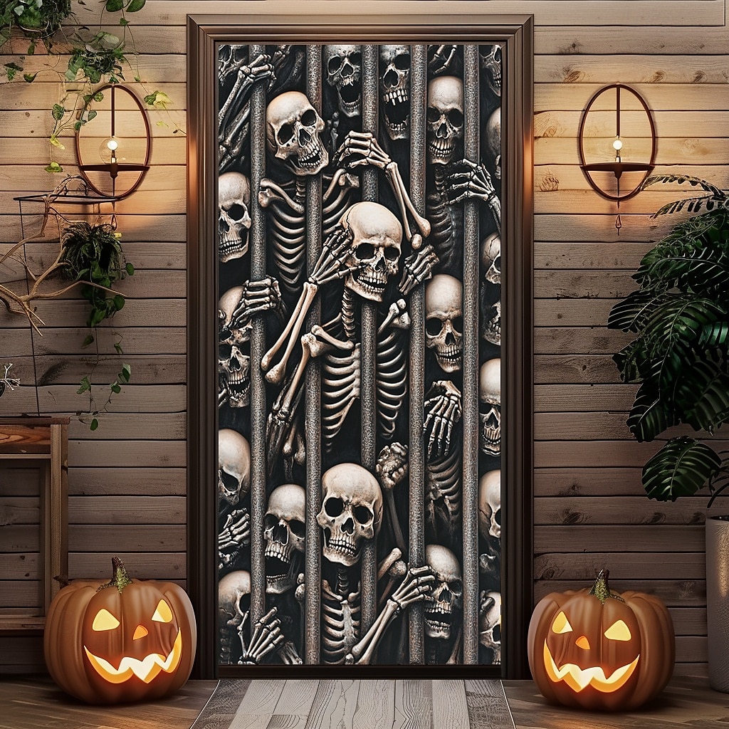 Halloween Window Cover Decorations, Fabric Skull Out of Fire Halloween Curtain Poster Window Door Covering Decor for Haunted House, Scary Halloween Window Clings Decals Indoor Outdoor