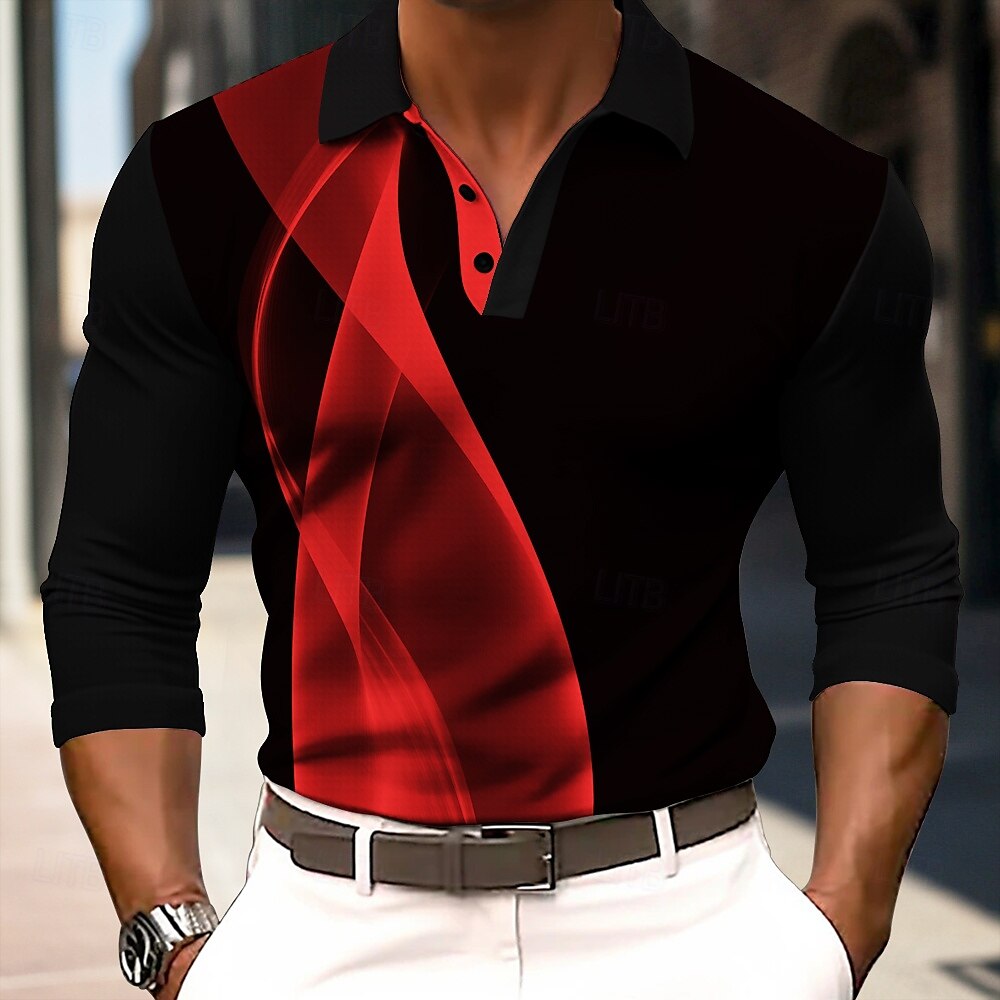 Men's Striped Waffle Polo Shirts Long Sleeve Polo Shirts Collar Business Casual Formal Outdoor Dailywear Vacation Buttons 3D Print Black Yellow Red