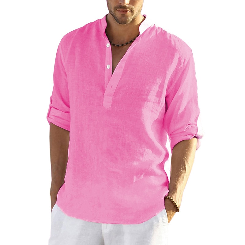 Men's Popover Summer Beach Long Sleeve Solid Color Henley Hawaiian Holiday Clothing Apparel Button-Down Linen Shirt