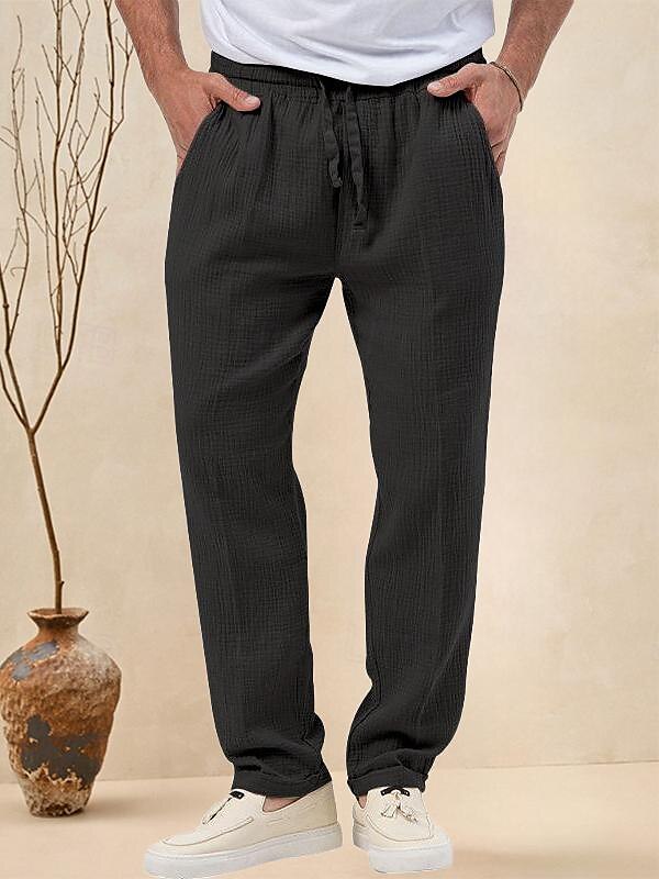 Men's Trousers Beach Shorts Casual Pants Seersucker Pants Drawstring Elastic Waist Straight Leg Plain Comfort Breathable Daily Holiday Vacation Fashion Casual Black White