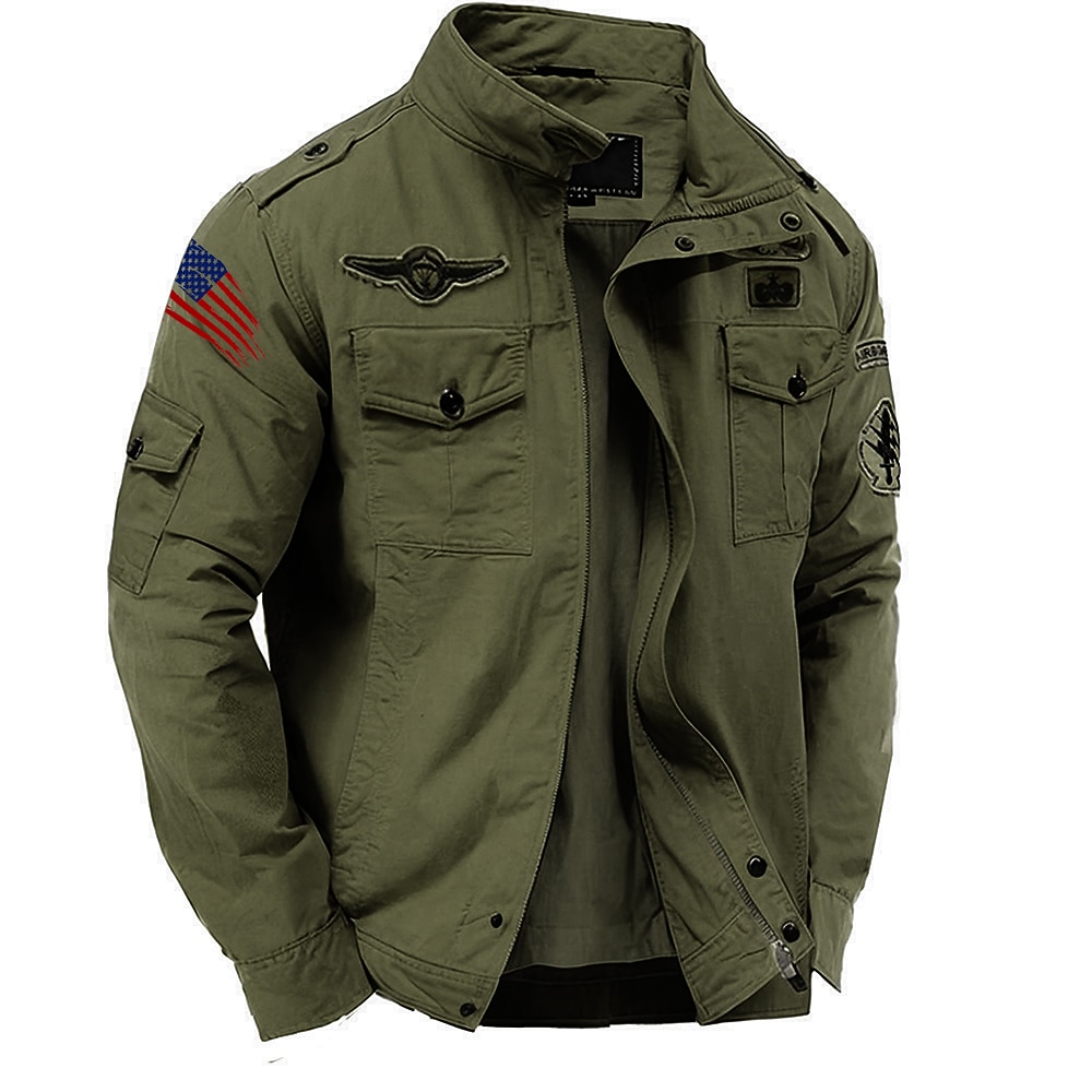 Men's Cotton Embroidered Military Jacket Windbreaker with Shoulder Straps Long Sleeve Standing Collar Multi-Pockets Trucker Jacket American US Flag Print Tactical Outerwear