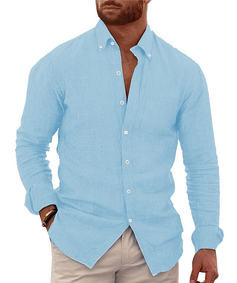 Men's Shirt Linen Shirt Summer Shirt Beach Wear Button Up Shirt Plain Vacation Casual Black White Blue Brown Long Sleeve Button Down Collar Spring & Summer Clothing Apparel