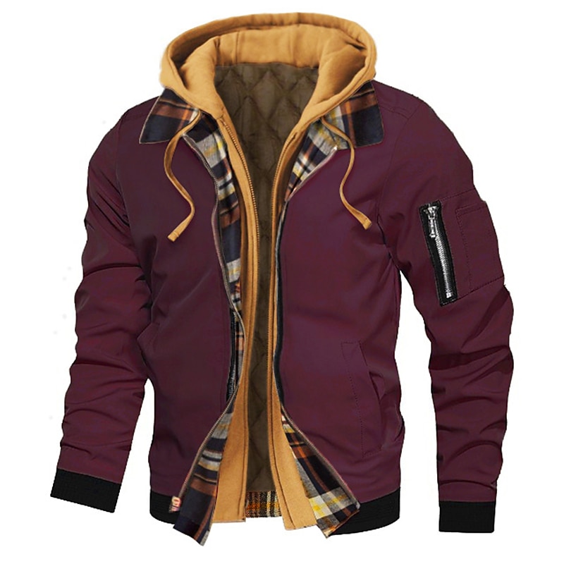 Men's Bomber Jacket Hoodie Jacket Outdoor Daily Wear Warm Fall Winter Plaid Plain Fashion Streetwear Hooded Regular Black Gold Black Wine Dark Red Red Jacket