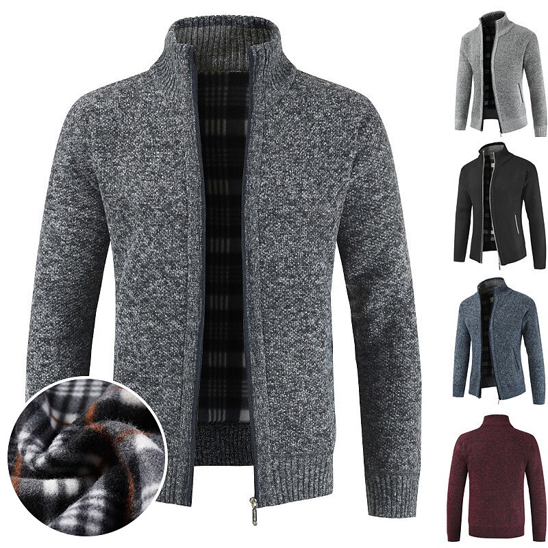 Men's Sweater Cardigan Sweater Zip Sweater Sweater Jacket Fleece Sweater Knit Solid Color Stand Collar Essential Casual Clothing Apparel Winter Black Burgundy S M L