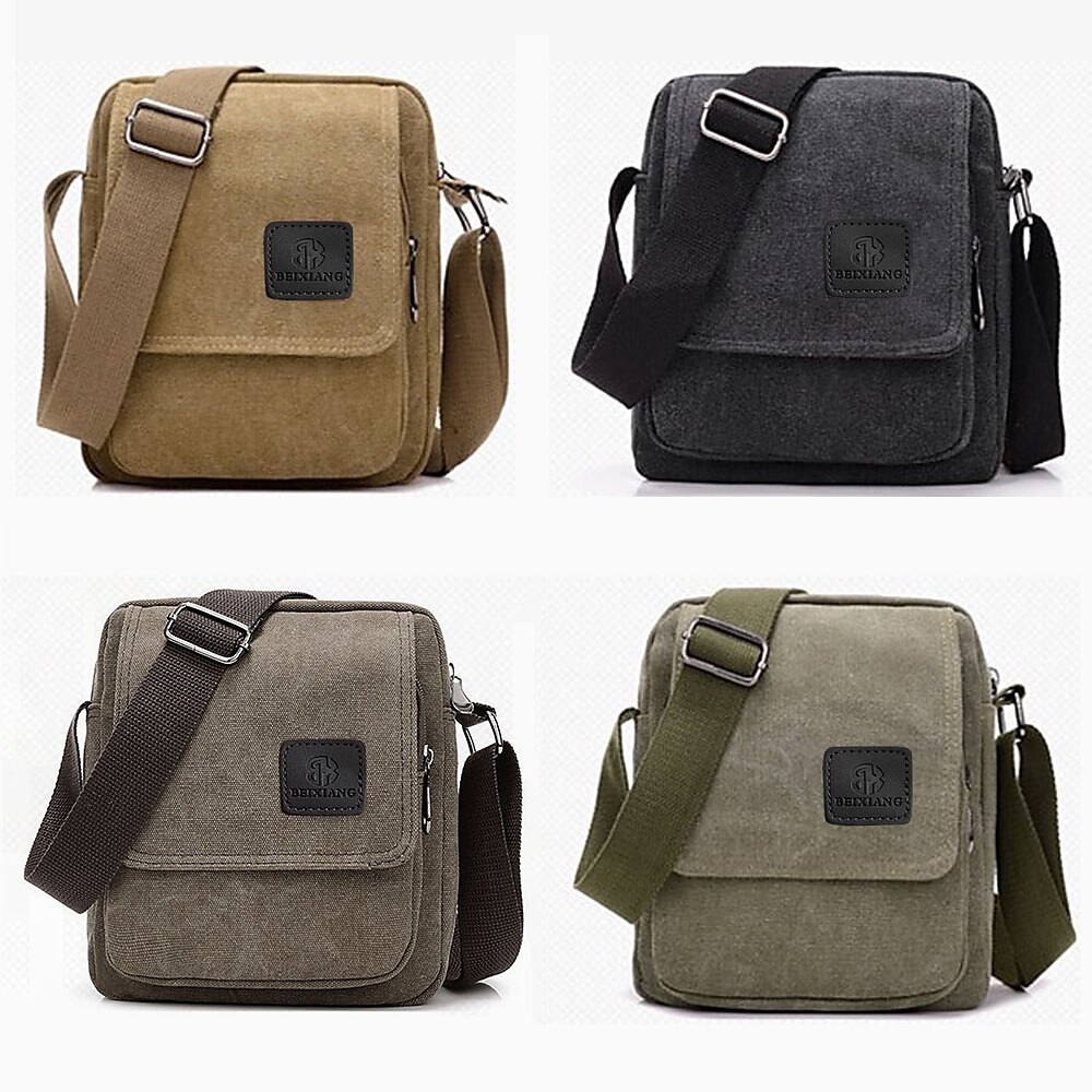 Men's Crossbody Bag Messenger Bag Canvas Outdoor Daily Lightweight Durable Solid Color Black Army Green Khaki