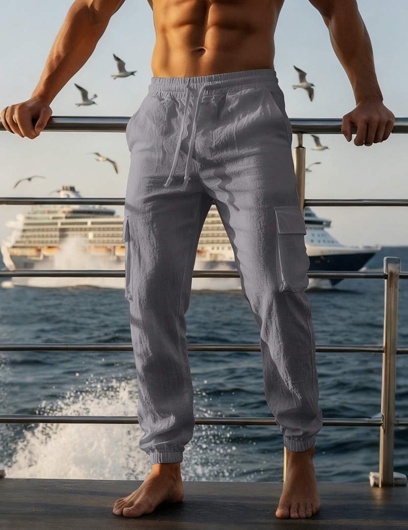 Men's Cargo Pants Linen Pants Trousers Summer Pants Beach Pants Drawstring Elastic Waist Multi Pocket Plain Comfort Breathable Daily Outdoor Beach Vacation Fashion Black White Inelastic