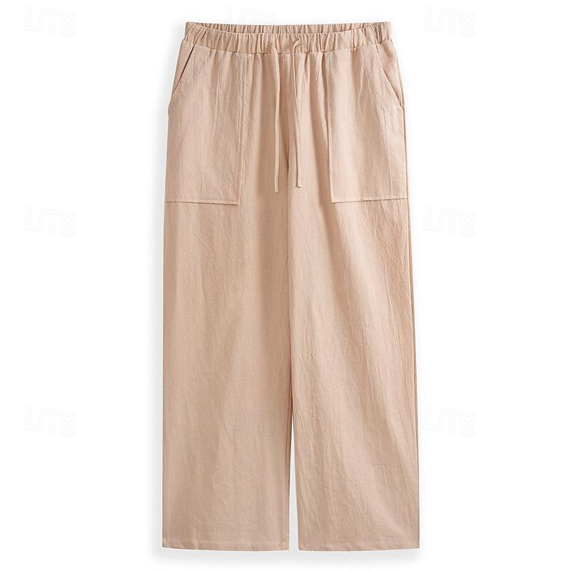 Men's Linen Pants Trousers Summer Pants Beach Pants Pocket Drawstring Elastic Waistband Plain Comfort Breathable Full Length Daily Streetwear Fashion Casual / Sporty Loose Fit Dark Khaki Black