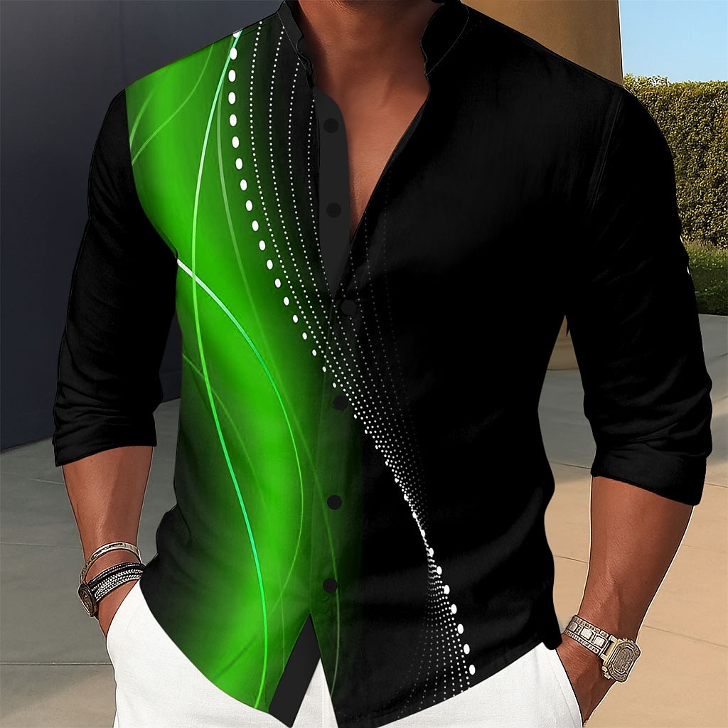 Men's Geometric Gradient Waves Shirt Stand Collar Shirt Long Sleeve Fashion Casual Dailywear Holiday Spring Fall Mandarin Collar Band Collar 3D Print Button Up Shirts Red Blue Purple Green