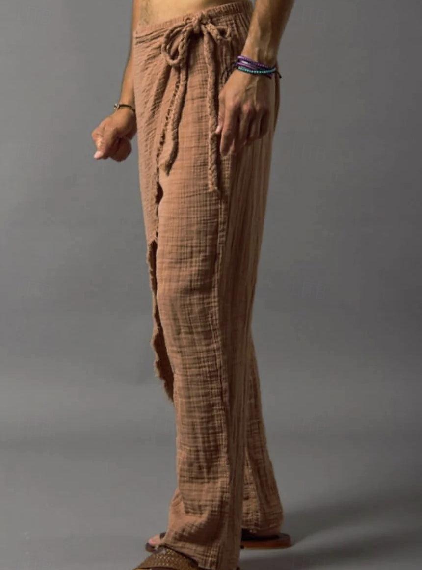 Men's Linen Pants Trousers Summer Pants Drawstring Elastic Waist Straight Leg Plain Comfort Breathable Full Length Casual Daily Holiday Fashion Classic Style White Brown