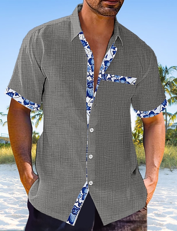 Men's Linen Shirt Casual Shirt Summer Shirt Beach Shirt Black White Pink Short Sleeve Plain Lapel Spring & Summer Hawaiian Holiday Clothing Apparel Front Pocket