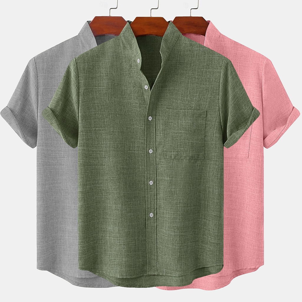 3-Pack Men's Linen Shirt Summer Shirt Casual Shirt Band Collar Shirt Plain Casual Beach Black+Gray+Green Black+White+Gray black+white+green black+khaki+green Short Sleeve Stand Collar Spring & Summer Summer