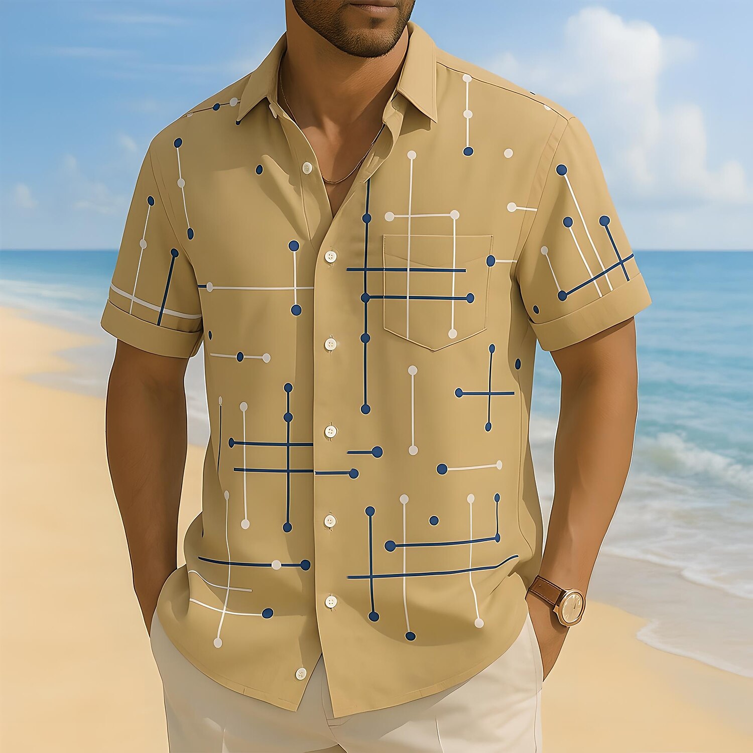 Men's Geometric Line Shirt Casual Shirt Button Up Shirt Short Sleeve Fashion Casual Vacation Holiday Streetwear Summer Spring Turndown 3D Print Collared Shirts Front One Pocket White Blue Brown Green