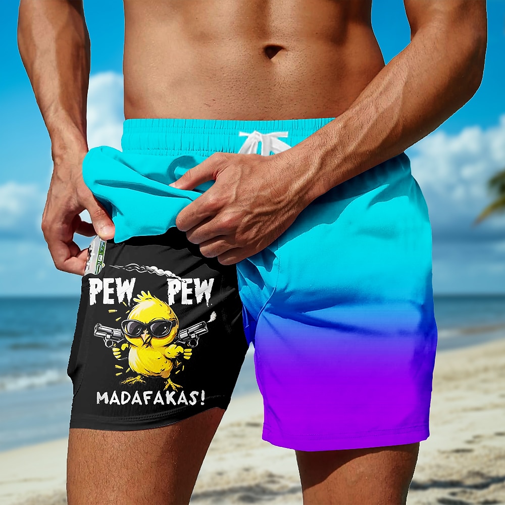 Men's Chick Funny Gradient Color Lined Shorts 2 in 1 Board Shorts Swim Shorts Mid Waist Hawaiian Vacation Beach Wear Side Pockets With Compression Liner Elastic Drawstring Waist Designer Clothing