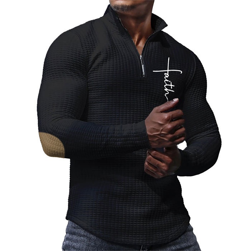 Cross Business Men's 3D Print Waffle Polo Shirt Golf Polo Outdoor Casual Daily Streetwear Polyester Waffle Fabric Long Sleeve Turndown Zip Polo Shirts Black White Apricot Fall & Winter S M L Lapel