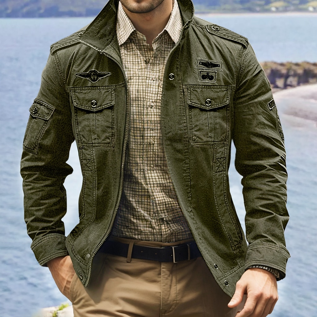Men's Bomber Jacket Varsity Jacket Tactical Jacket Casual Wearable Multi Pocket Spring Fall Winter Military Military Style Stand Collar Regular Cotton Black Khaki Army Green Jacket