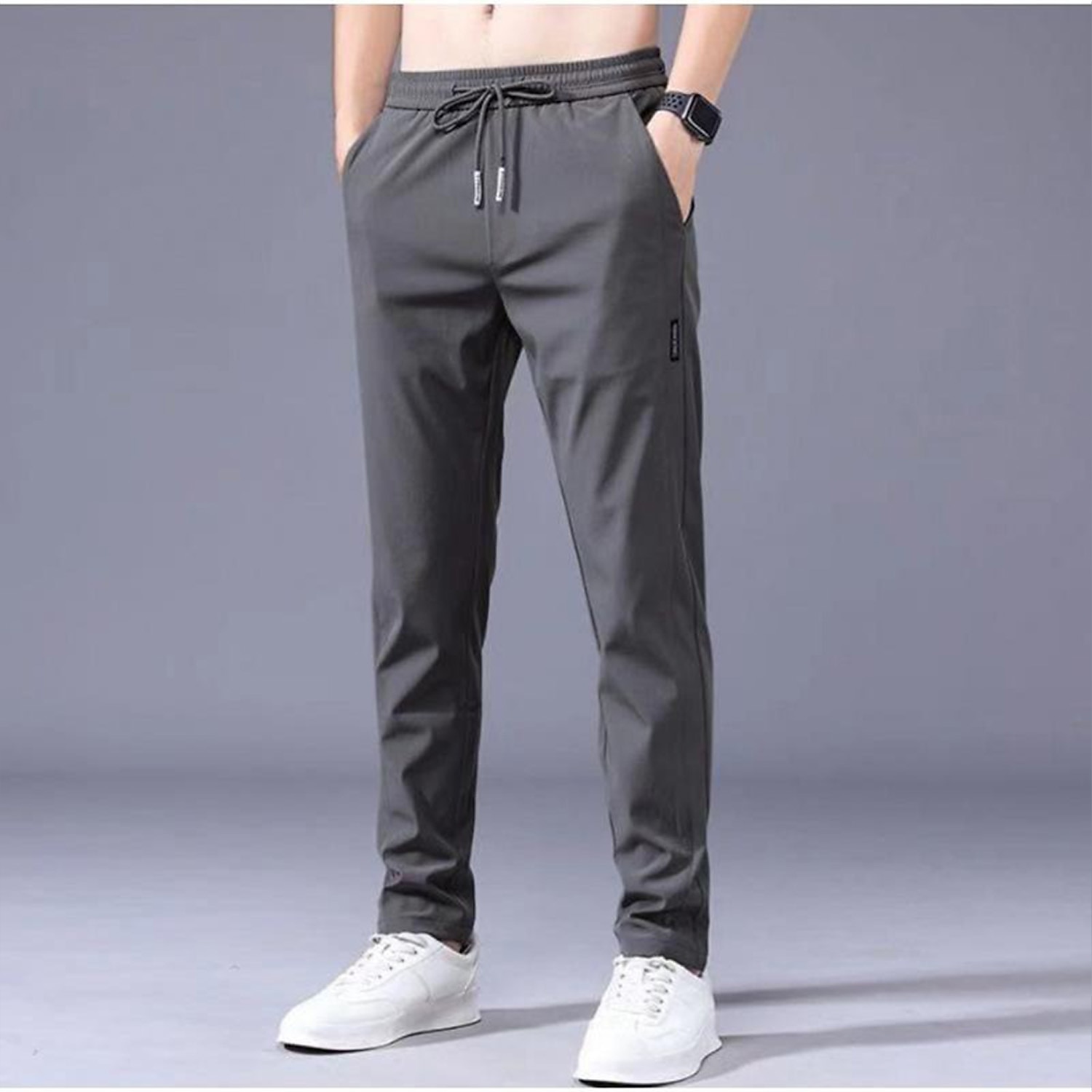Men's Trousers Casual Pants Drawstring Elastic Waist Solid Color Breathable Quick Dry Formal Weekend Classic Casual / Sporty Slim Black 1 dark grey 1