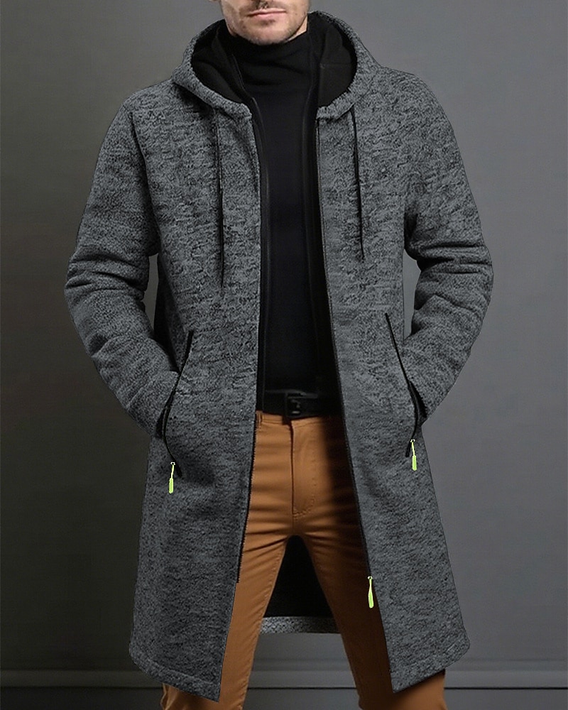 Men's Overcoat Trench Coat Long Trench Coat Vacation Daily Spring Winter Polyester Windproof Warm Outerwear Clothing Apparel Fashion Classic Plain Pocket Hooded Zipper
