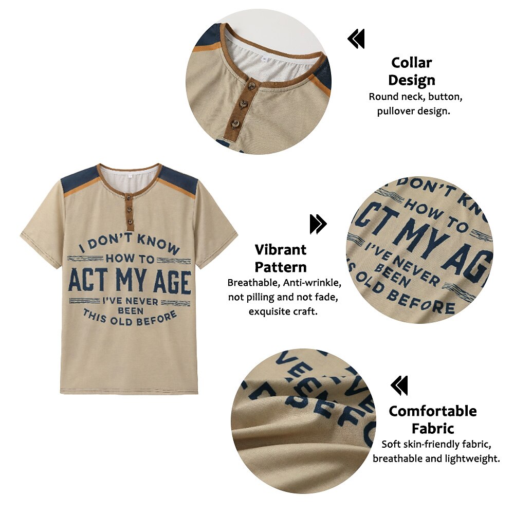 Men's Graphic Letter Clothing Apparel 3D Print Outdoor Daily Short Sleeve Button-Down Fashion Designer Comfortable Henley T-Shirt