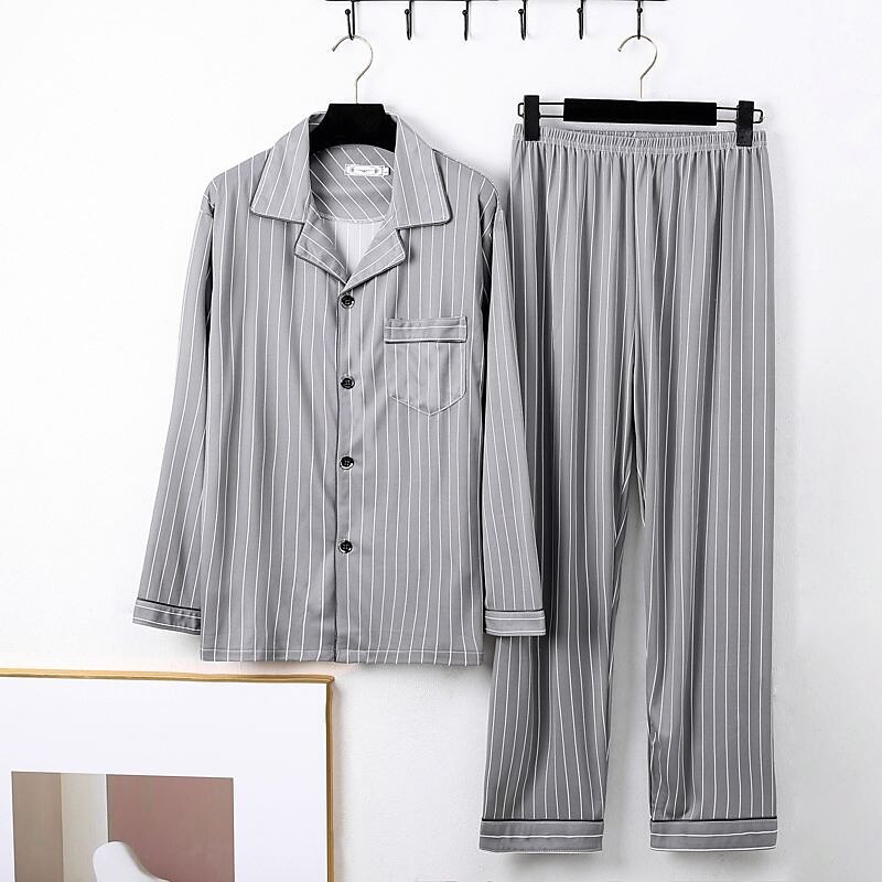 Men's Sleepwear Pajama Set Pajama Top and Pant 1 set Stripe Fashion Stylish Classic Home Daily Bed  Comfort Soft Breathable Lapel Long Sleeve Shirt Pant Elastic Waist Buttons Spring Fall