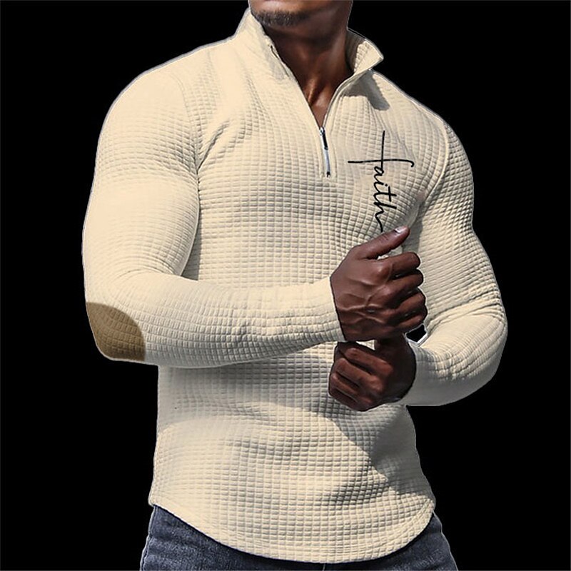 Cross Business Men's 3D Print Waffle Polo Shirt Golf Polo Outdoor Casual Daily Streetwear Polyester Waffle Fabric Long Sleeve Turndown Zip Polo Shirts Black White Apricot Fall & Winter S M L Lapel