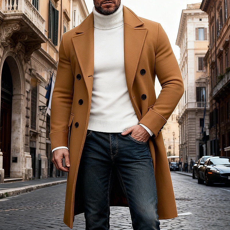 Men's Winter Coat Overcoat Long Trench Coat Trench Coat Outdoor Casual Fall Winter  Thermal Warm Outerwear Clothing Apparel Classic Plain Pocket Notch lapel collar