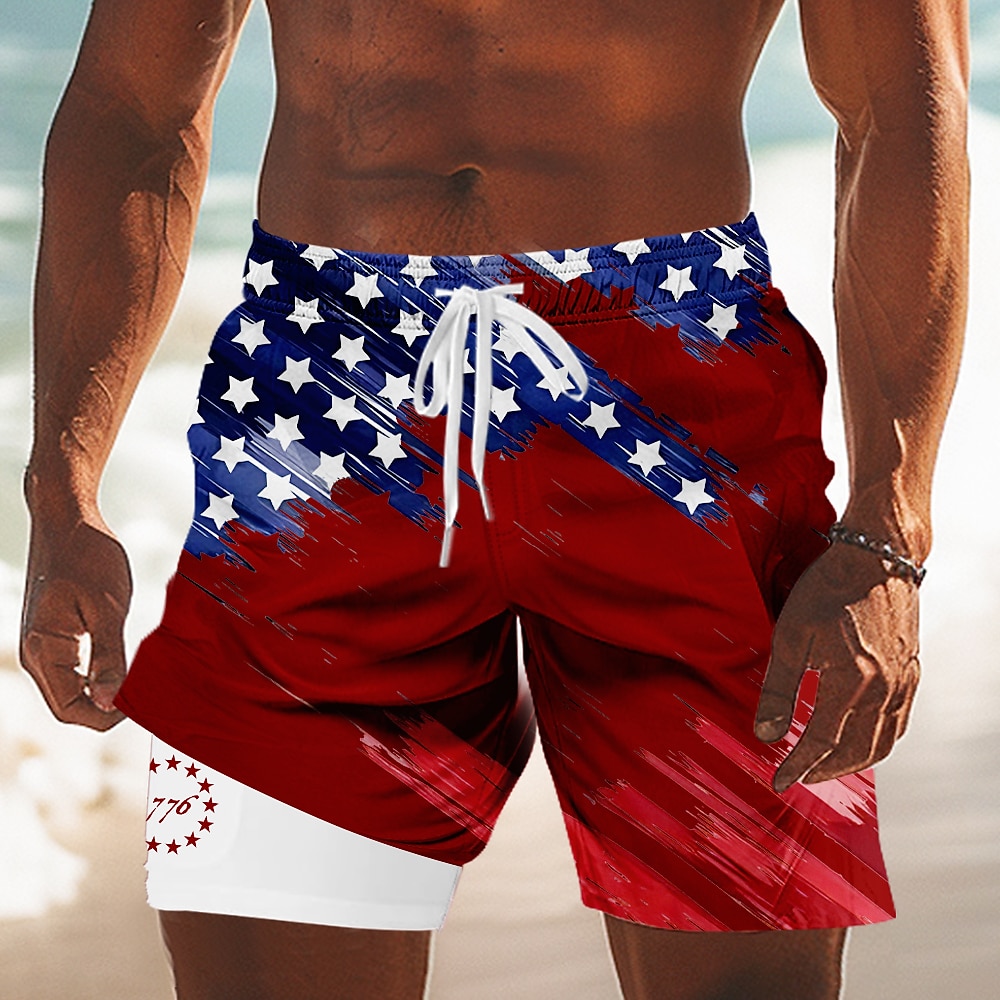 Independence Day Men's US Flag Patriotic Fourth of July Lined Shorts 2 in 1 Board Shorts Swim Shorts Mid Waist Holiday Side Pockets With Compression Liner Elastic Drawstring Waist Designer Clothing
