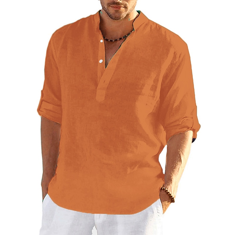 Men's Popover Summer Beach Long Sleeve Solid Color Henley Hawaiian Holiday Clothing Apparel Button-Down Linen Shirt