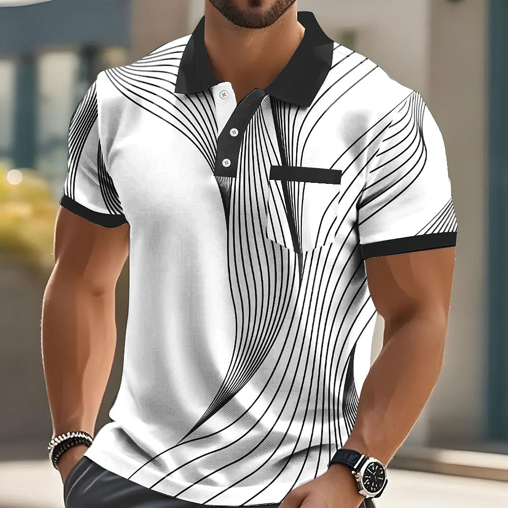 Men's Geometic Line Polo Short Sleeve Polo Shirts Collared Shirts Business Casual Outdoor Athleisure Daily Wear Buttons 3D Print Summer Black Red Blue