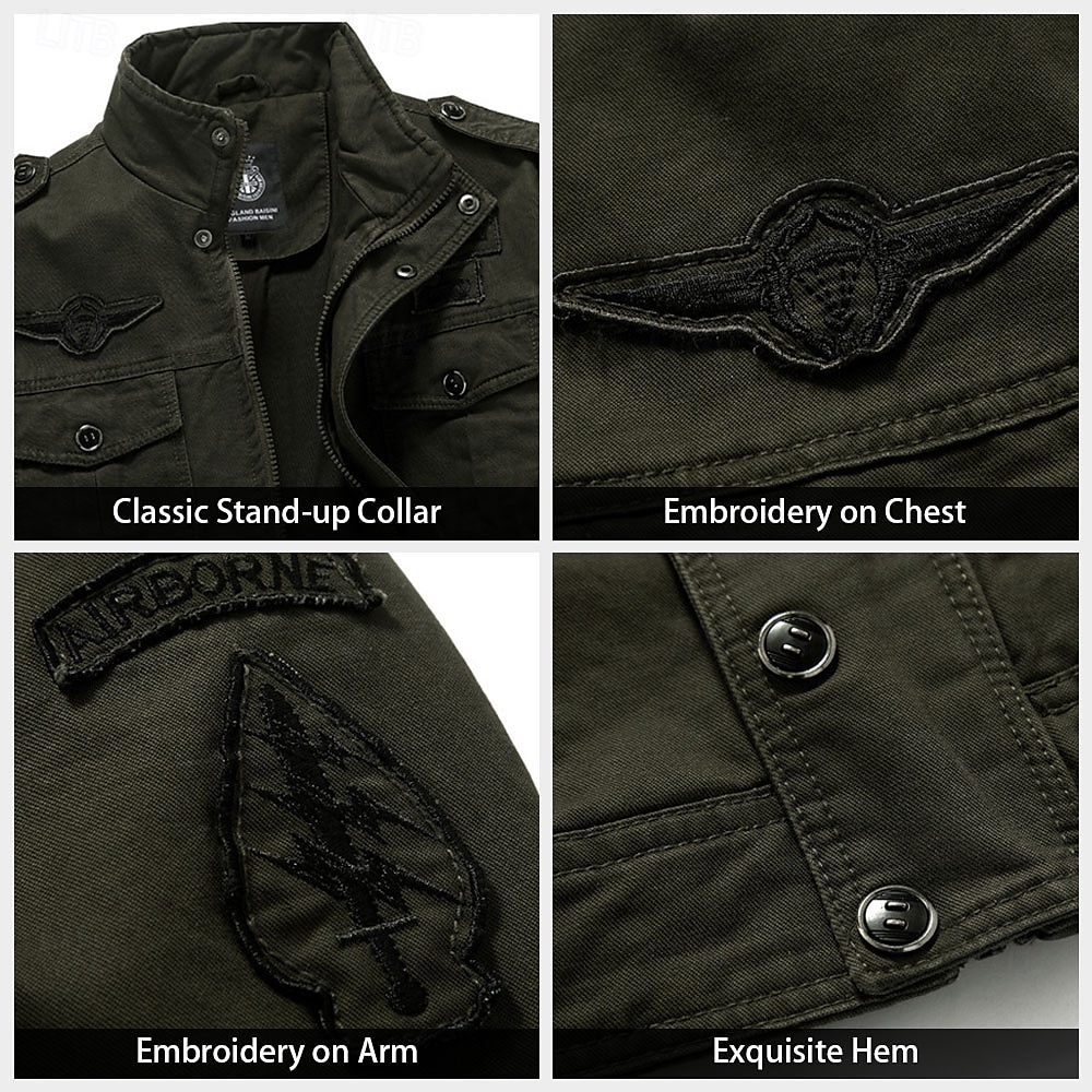 Men's Cotton Embroidered Military Jacket with Shoulder Straps Long Sleeve Standing Collar Multi-Pockets Trucker Jacket US Flag Print Tactical Outerwear