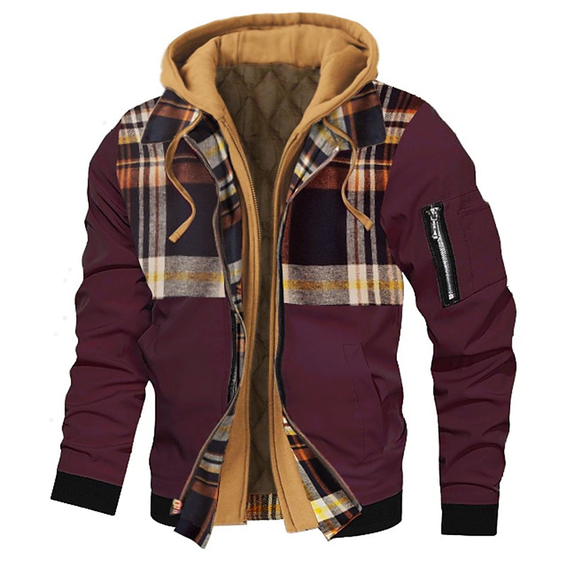 Men's Bomber Jacket Hoodie Jacket Outdoor Daily Wear Warm Fall Winter Plaid Plain Fashion Streetwear Hooded Regular Black Gold Black Wine Dark Red Red Jacket