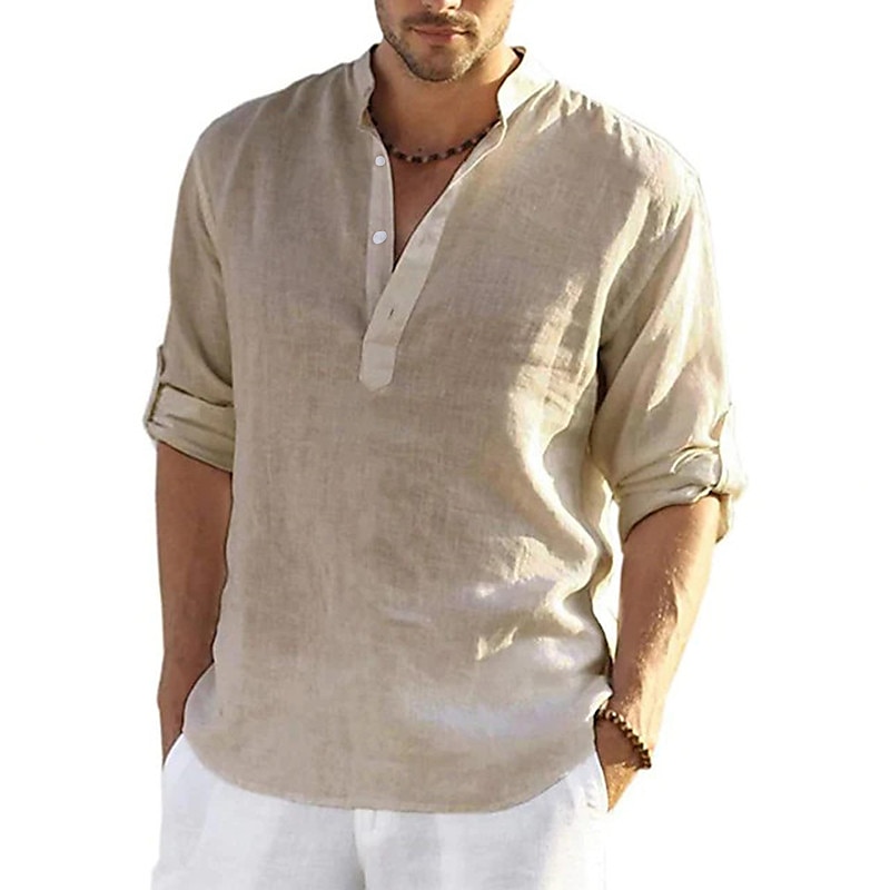 Men's Popover Summer Beach Long Sleeve Solid Color Henley Hawaiian Holiday Clothing Apparel Button-Down Linen Shirt
