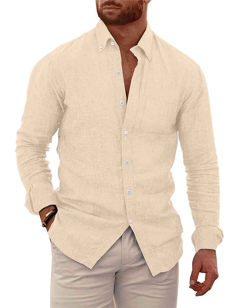Men's Shirt Linen Shirt Summer Shirt Beach Wear Button Up Shirt Plain Vacation Casual Black White Blue Brown Long Sleeve Button Down Collar Spring & Summer Clothing Apparel