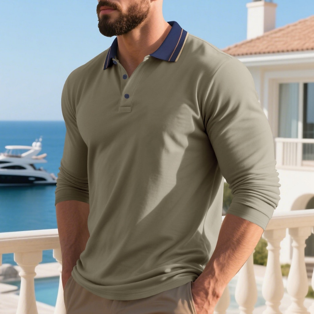 Men's Polo Shirts Golf Shirt Casual Street Lapel Long Sleeve Basic Modern Color Block Buttons Summer Spring Regular Fit Black White Light Green Dark Green Brown Khaki Polo Shirts