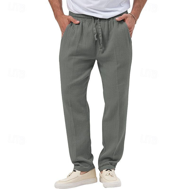 Men's Trousers Beach Shorts Casual Pants Seersucker Pants Drawstring Elastic Waist Straight Leg Plain Comfort Breathable Daily Holiday Vacation Fashion Casual Black White