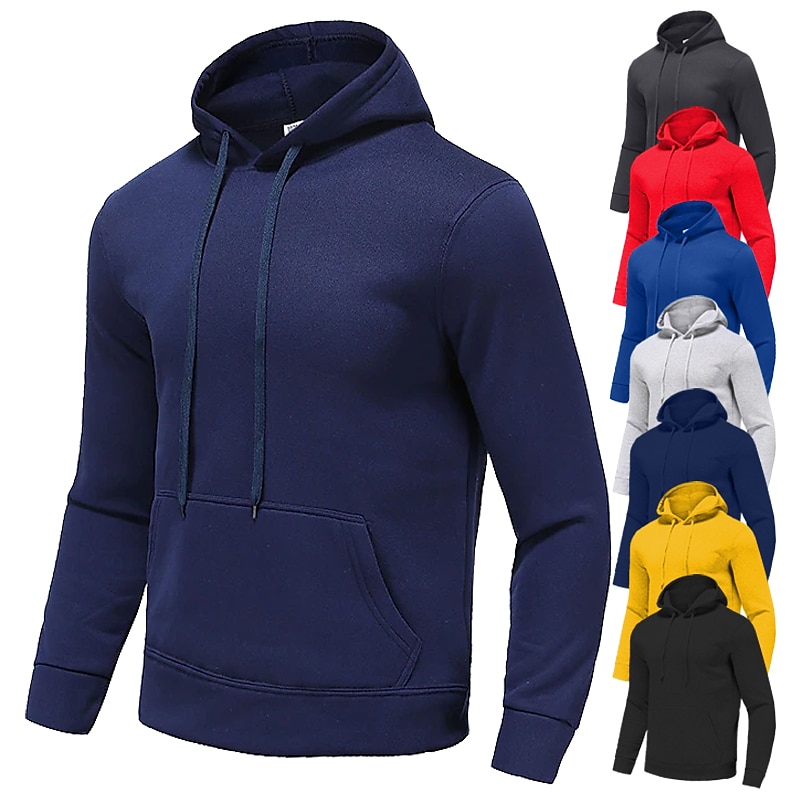 Men's Hoodie Sweatshirt Pocket Long Sleeve Top Street Casual Winter Fleece Thermal Warm Breathable Soft Fitness Gym Workout Performance Sportswear Activewear Solid Colored Black Yellow Dark Gray