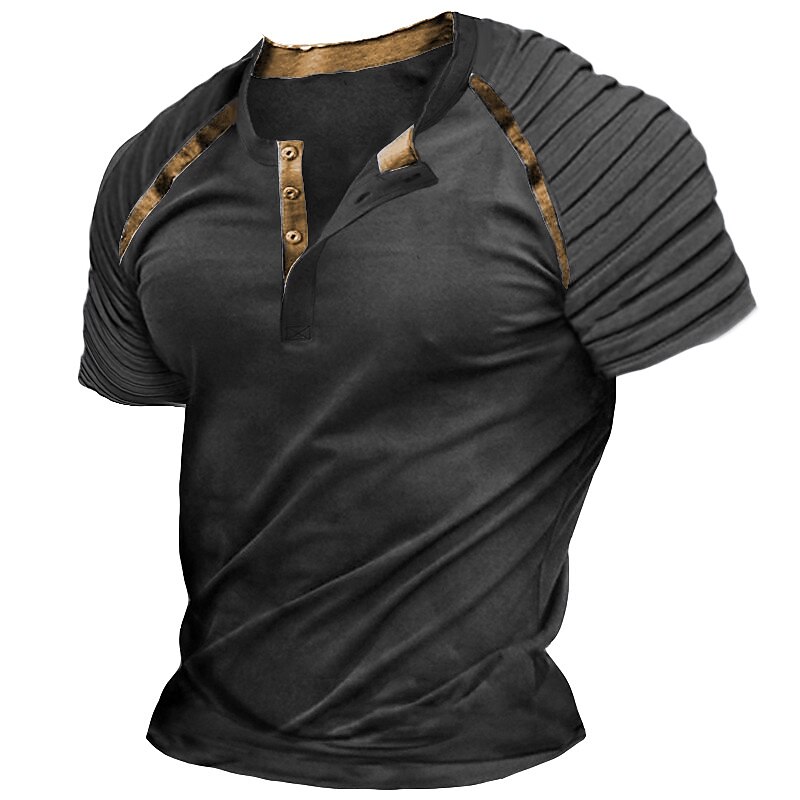 Men's Raglan Plain Slim Pleated Outdoor Daily Short Sleeve Patchwork Pleats Clothing Apparel Fashion Designer Casual Henley Shirt