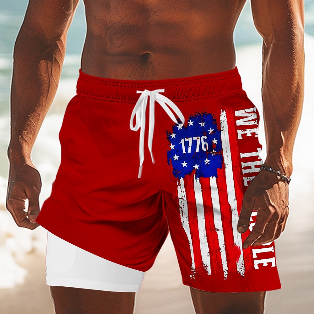 Independence Day Men's US Flag Patriotic Fourth of July Lined Shorts 2 in 1 Board Shorts Swim Shorts Mid Waist Holiday Side Pockets With Compression Liner Elastic Drawstring Waist Designer Clothing