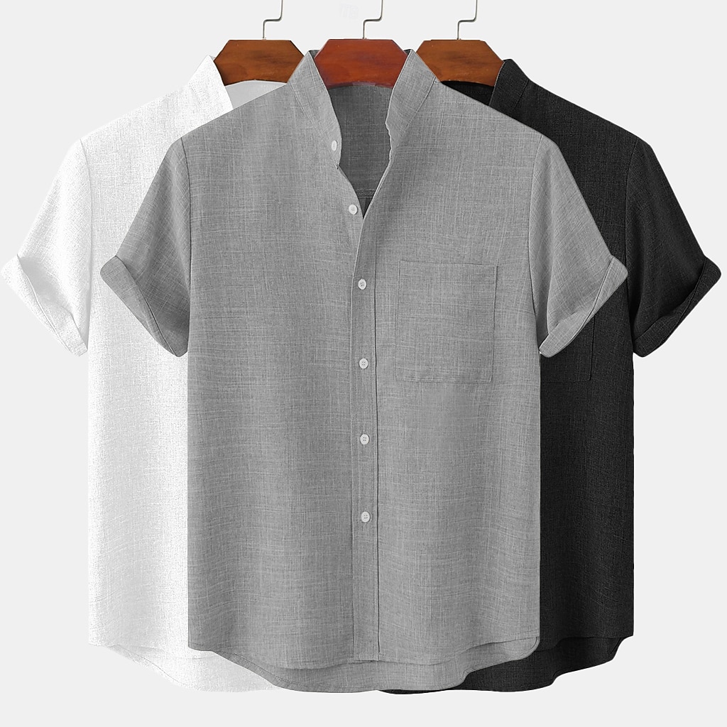 3-Pack Men's Linen Shirt Summer Shirt Casual Shirt Band Collar Shirt Plain Casual Beach Black+Gray+Green Black+White+Gray black+white+green black+khaki+green Short Sleeve Stand Collar Spring & Summer Summer