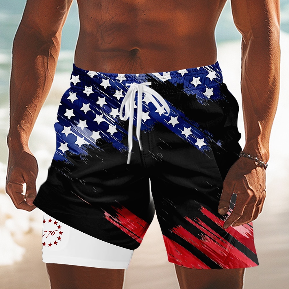 Independence Day Men's US Flag Patriotic Fourth of July Lined Shorts 2 in 1 Board Shorts Swim Shorts Mid Waist Holiday Side Pockets With Compression Liner Elastic Drawstring Waist Designer Clothing