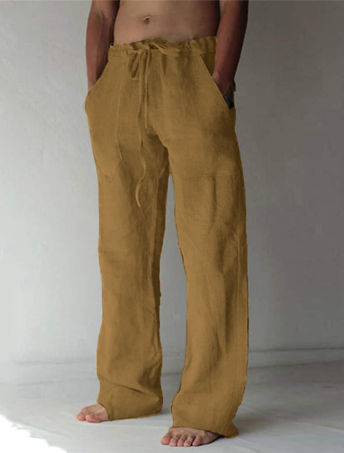 Men's Linen Pants Trousers Summer Pants Beach Pants Pocket Drawstring Elastic Waist Plain Daily Streetwear Linen / Cotton Blend Fashion Casual Black White