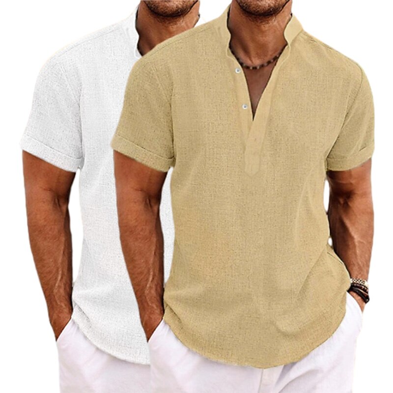 2-Pack Men's Shirt Linen Shirt Popover Shirt Summer Shirt Beach Wear Band Collar Shirt Plain Vacation Casual Green+Gray White+Yellow White+Green White+Navy Blue Short Sleeve Henley Summer Clothing Apparel