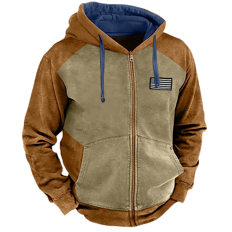 Men's Hoodie Zip Up Hoodies Outerwear White Blue Brown Green Hooded Color Block National Flag Sports & Outdoor Daily Holiday Vintage Streetwear Cool Spring &  Fall Clothing Apparel Hoodies