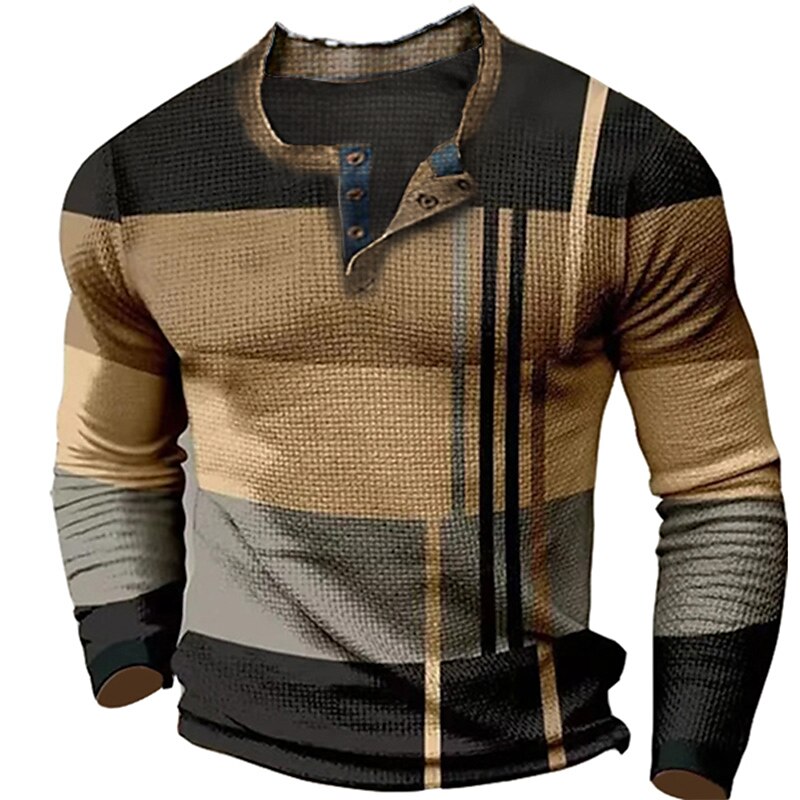 Men'S Waffle Graphic Color Block Clothing Apparel 3D Print Outdoor Long Sleeve Fashion Designer Henley T-Shirt