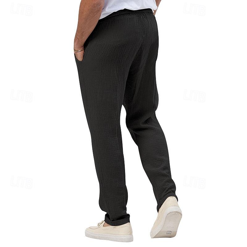 Men's Trousers Beach Shorts Casual Pants Seersucker Pants Drawstring Elastic Waist Straight Leg Plain Comfort Breathable Daily Holiday Vacation Fashion Casual Black White