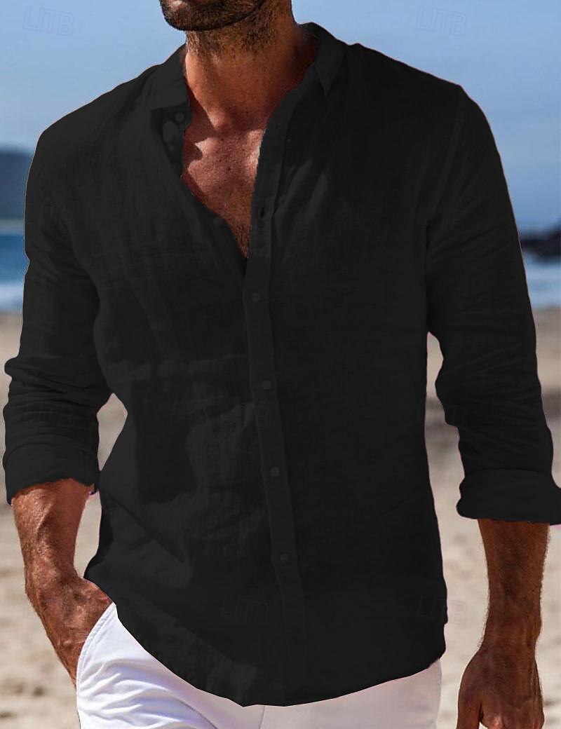 Men's Shirt Linen Shirt Summer Shirt Beach Wear Button Up Shirt Plain Casual Daily Black White Pink Navy Blue Long Sleeve Turndown Spring & Summer Clothing Apparel