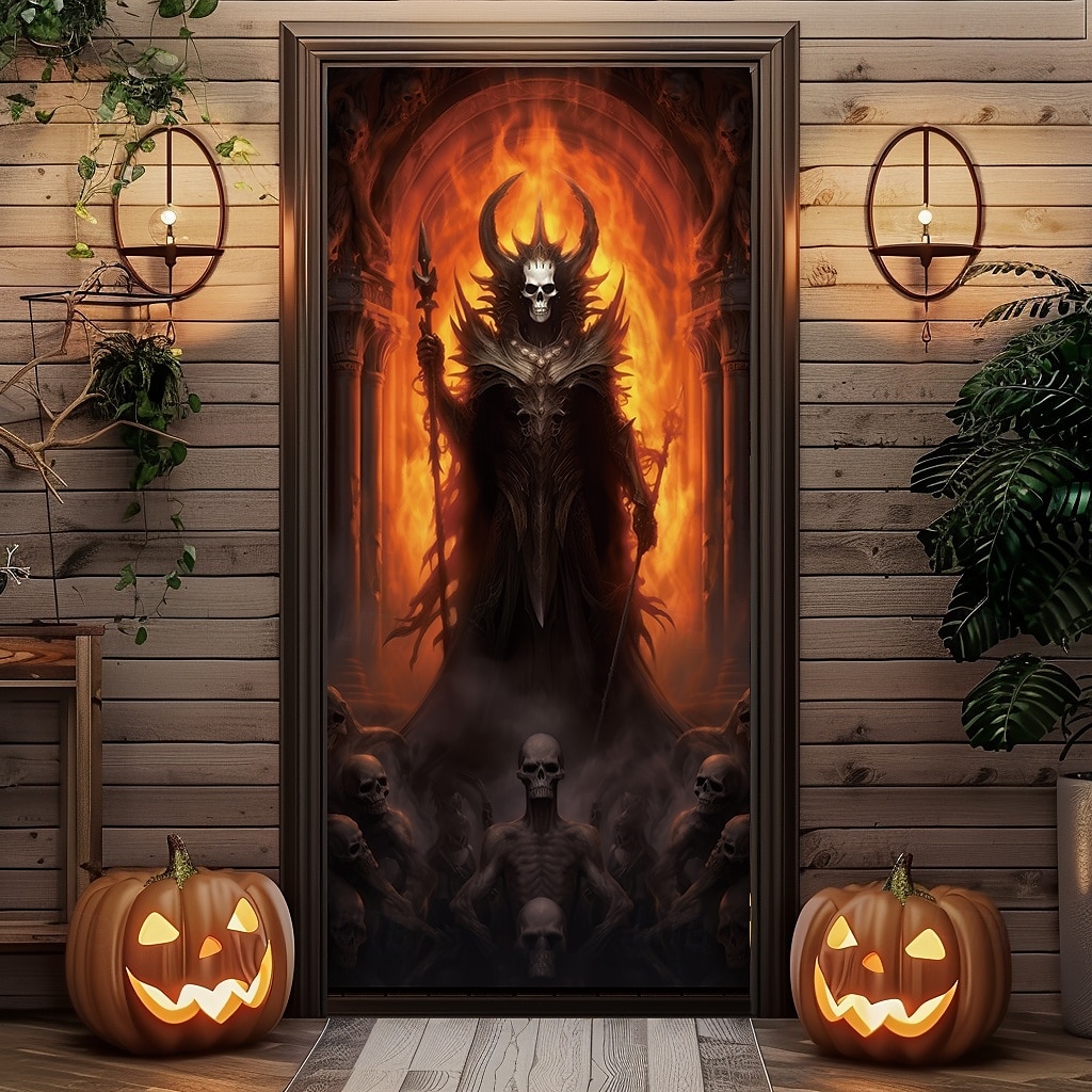 Halloween Window Cover Decorations, Fabric Skull Out of Fire Halloween Curtain Poster Window Door Covering Decor for Haunted House, Scary Halloween Window Clings Decals Indoor Outdoor